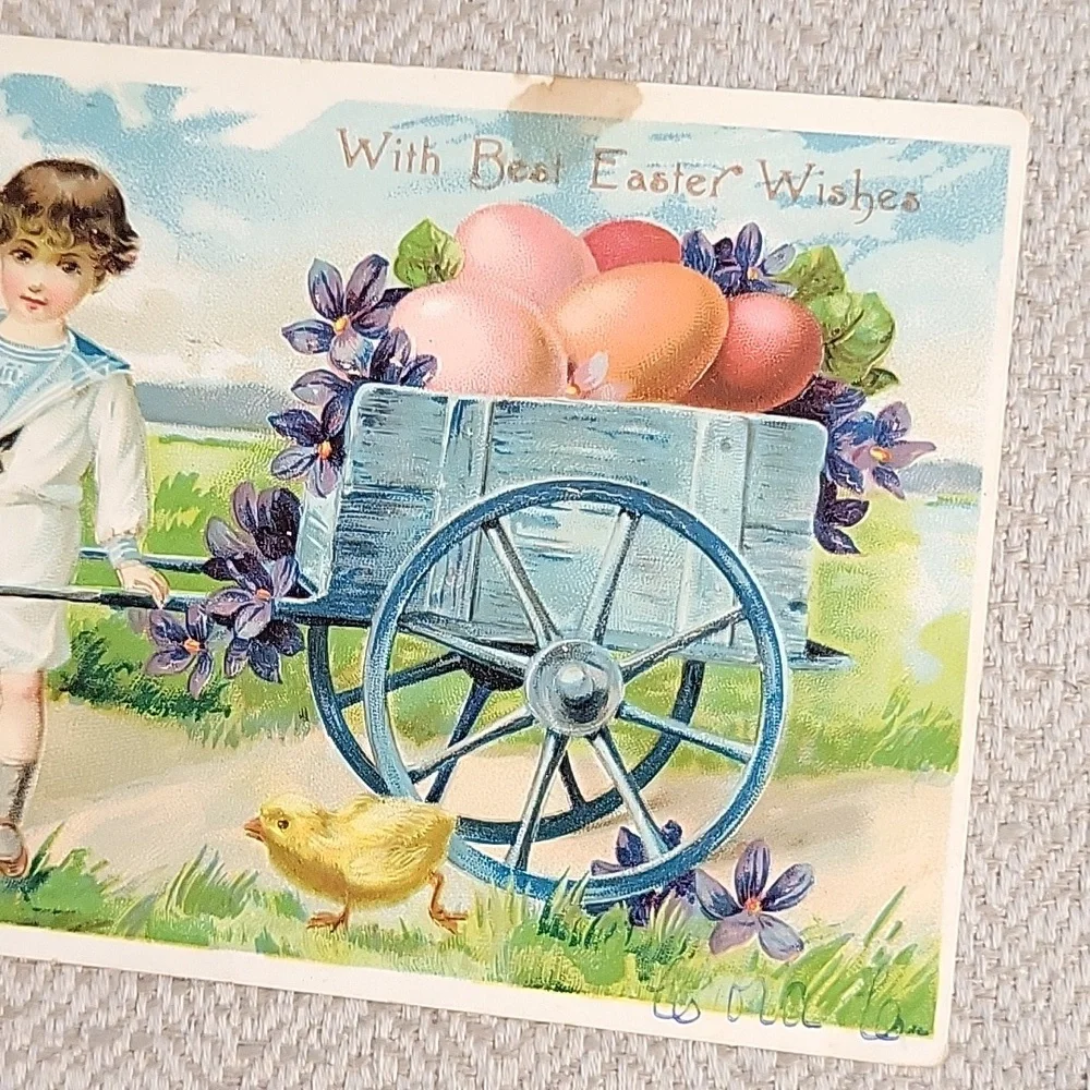 1909 Vintage Easter Postcard with Boy and Cart
